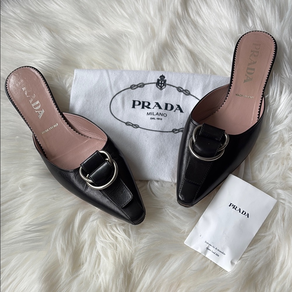 Prada Black Women's Kitten Heel Mules with Silver Buckle Size EU 36.5/US 6